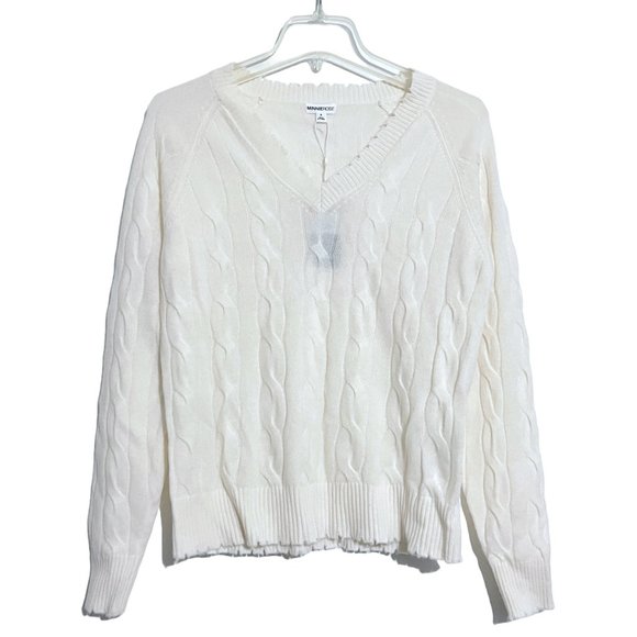 NEW Minnie Rose Cashmere V-Neck Frayed Edges Cable Knit Sweater - Picture 3 of 12
